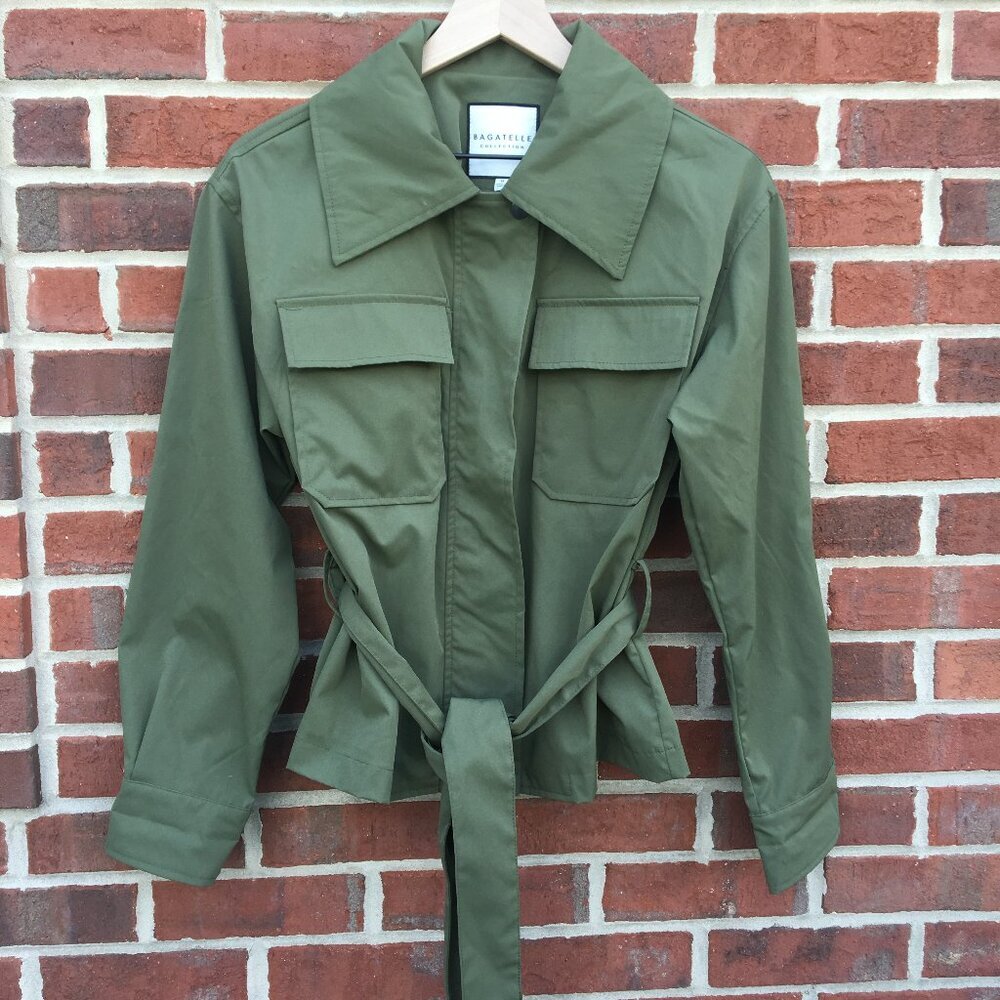 Bagatelle Belted Jacket Womens Medium Army Green Storm Flap Pockets Cinched Back